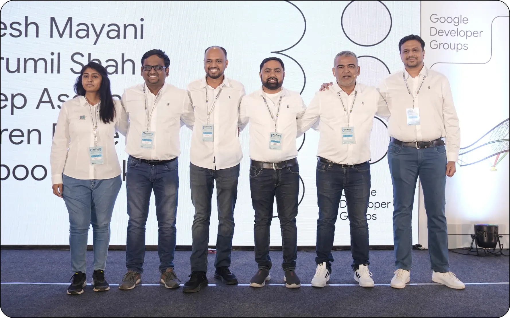 Paresh Mayani with Jaldeep Asodariya, Utpal Betai, Khushi Thakkar, Dhrumil Shah, and Hiren Dave at GDG DevFest Ahmedabad